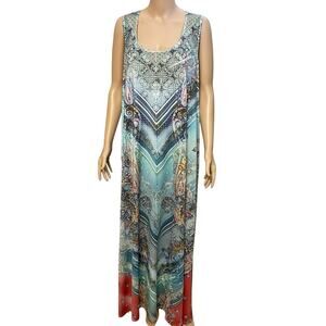 One World Colorful Boho Maxi Dress 2X Butterfly Lace Back Sublimation Print